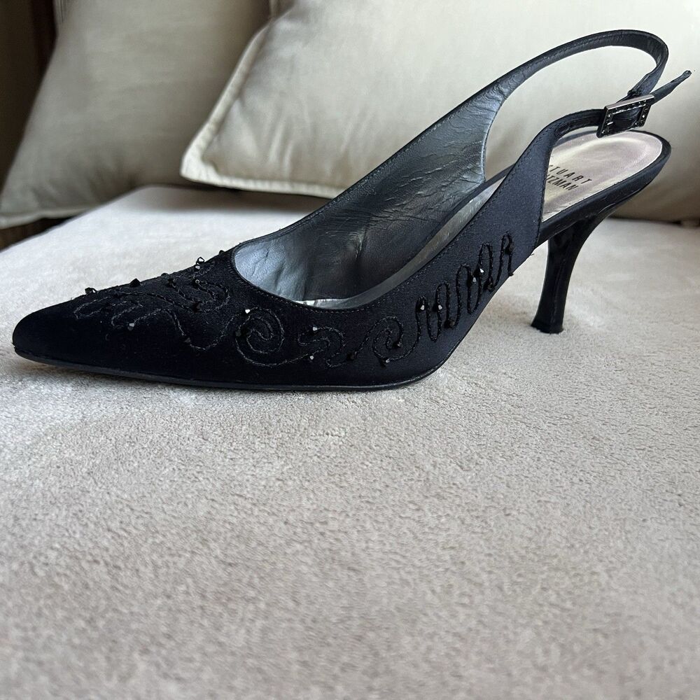 Stuart Weitzman Black Satin Bead Slingback Heel Women 7 Formal Evening Cocktail